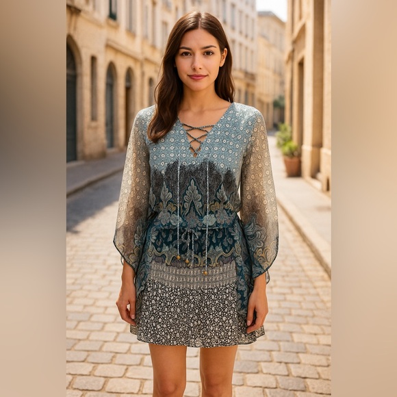 Green Asymmetrical Blouse with Tie Front and Billowy Sleeves - Picture 1 of 6